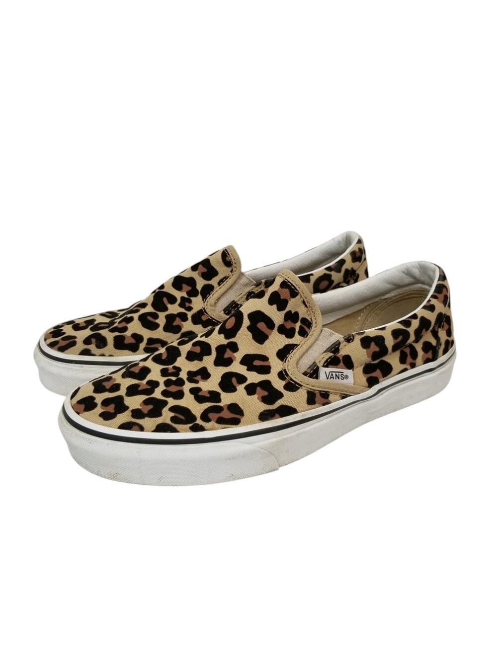 Vans Leopard Print Canvas Slip On Sneakers Loafers Tan Black Women's Size 7